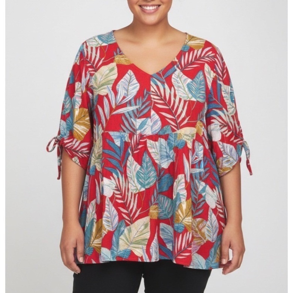WEEKEND By SUZANNE BETRO Twill TROPICAL PRINT Tie Sleeves PLEATED Peplum Top 3X
